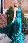 Emerald Green Metallic Key Hole Pleated Gown with Slit