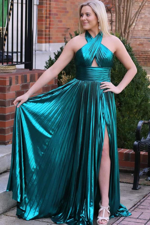 Emerald Green Metallic Key Hole Pleated Gown with Slit