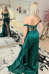 Fancyvestido Emerald Green Off the-shoulder Satin Dress with slit