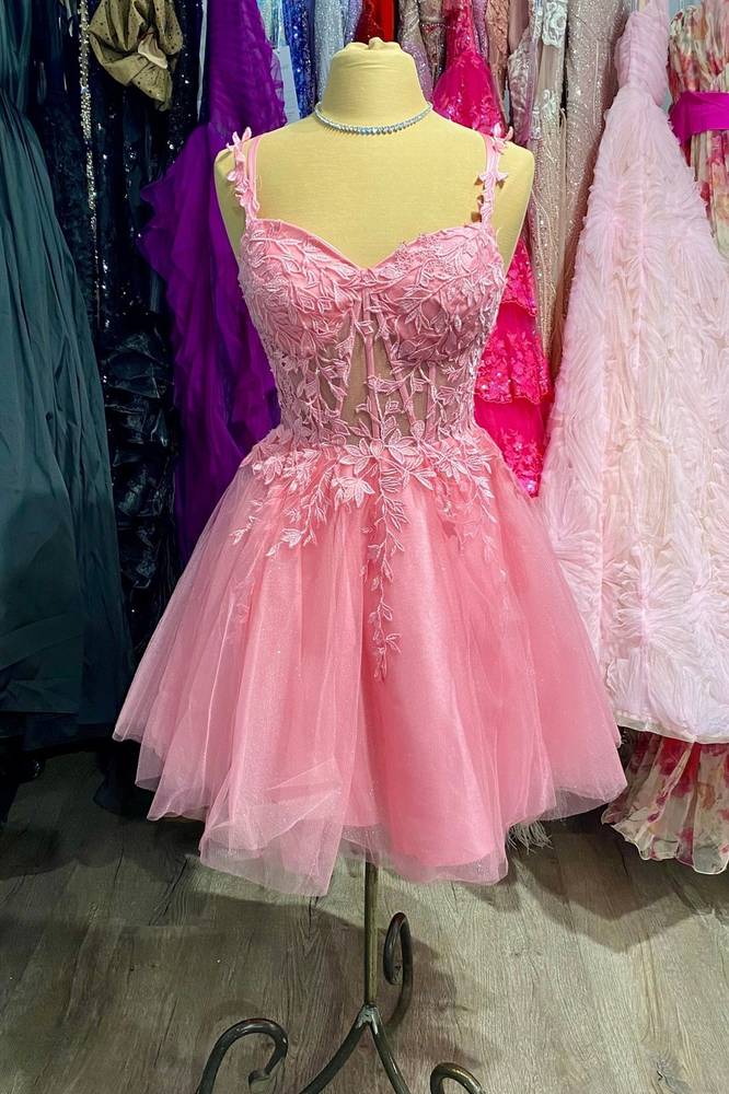 Straps Pink Sheer Corset Appliques Short Homecoming Dress
