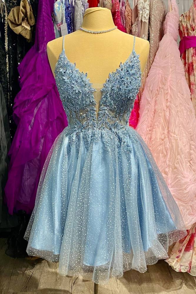 Plunging Neck Sky Blue Straps Appliques Short Party Dress FancyVestido Plunging Neck Sky Blue Straps Appliques Short Party Dress FancyVestido