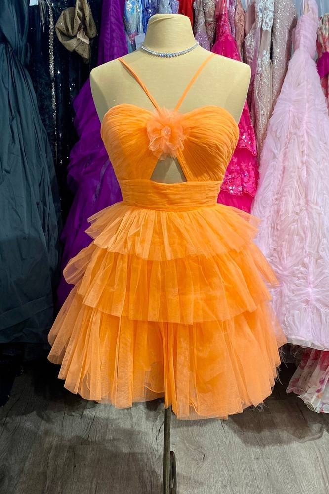 Orange Straps Keyhole Layered Tulle Homecoming Dress with Flower