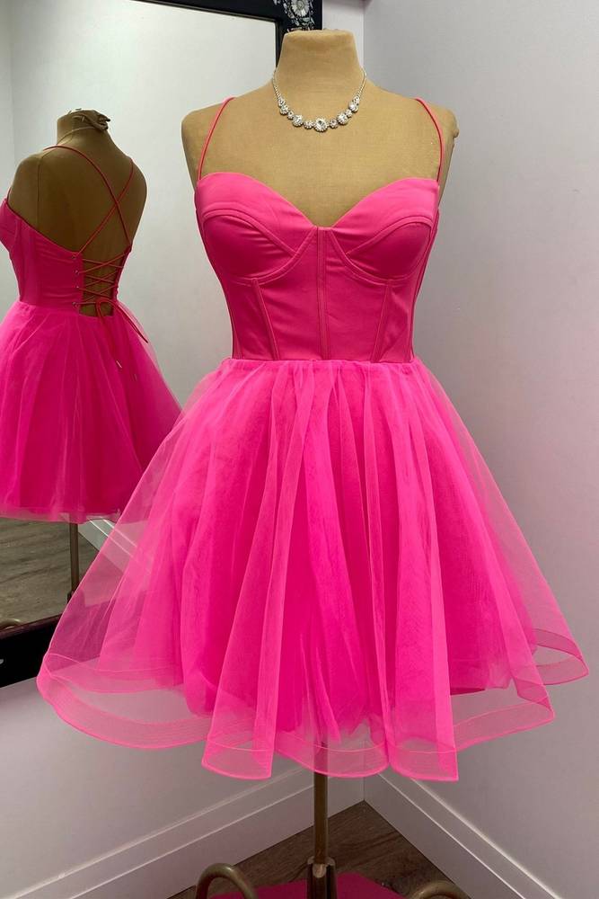 Straps Hot Pink Lace-Up A-Line Homecoming Dress