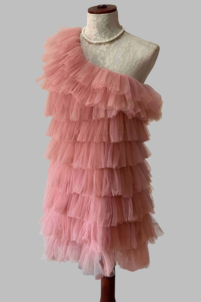 One Shoulder Layered Tulle Short Party Dress Front Side