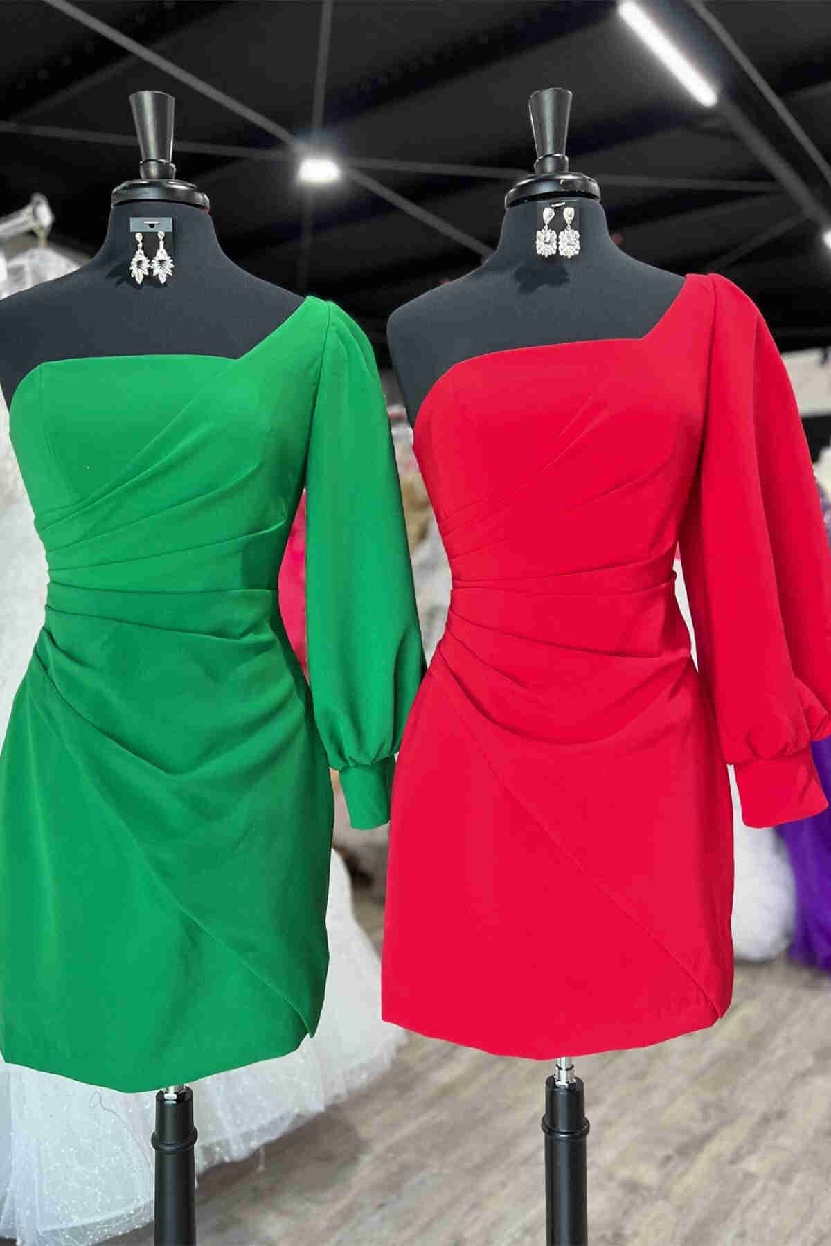 One Shoulder Long Sleeve Pleated Short Party Dress Front Side