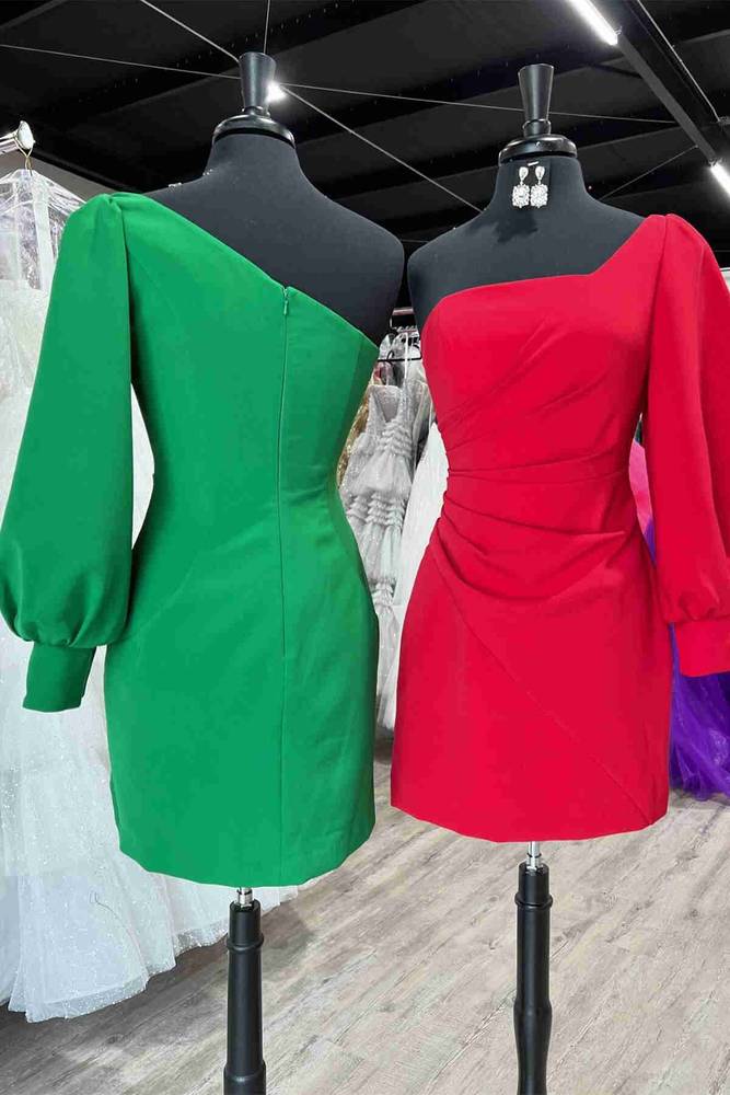 One Shoulder Long Sleeve Pleated Short Party Dress Back Side