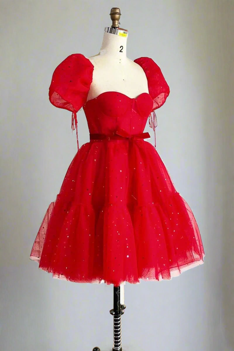 Sweetheart Red Balloon Sleeves Short Party Dress