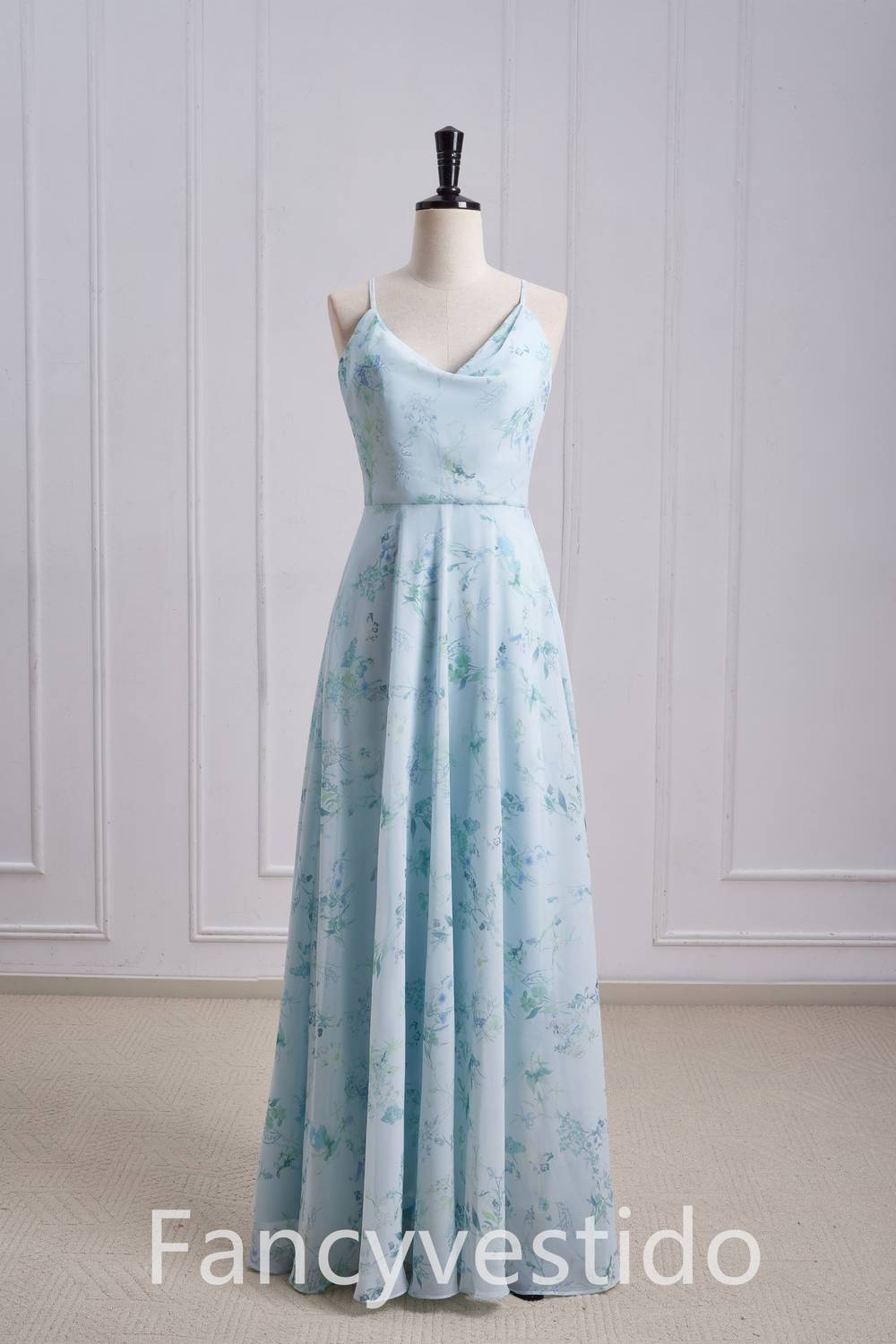 Straps Cowl Neck Floral Print Chiffon Bridesmaid Dress