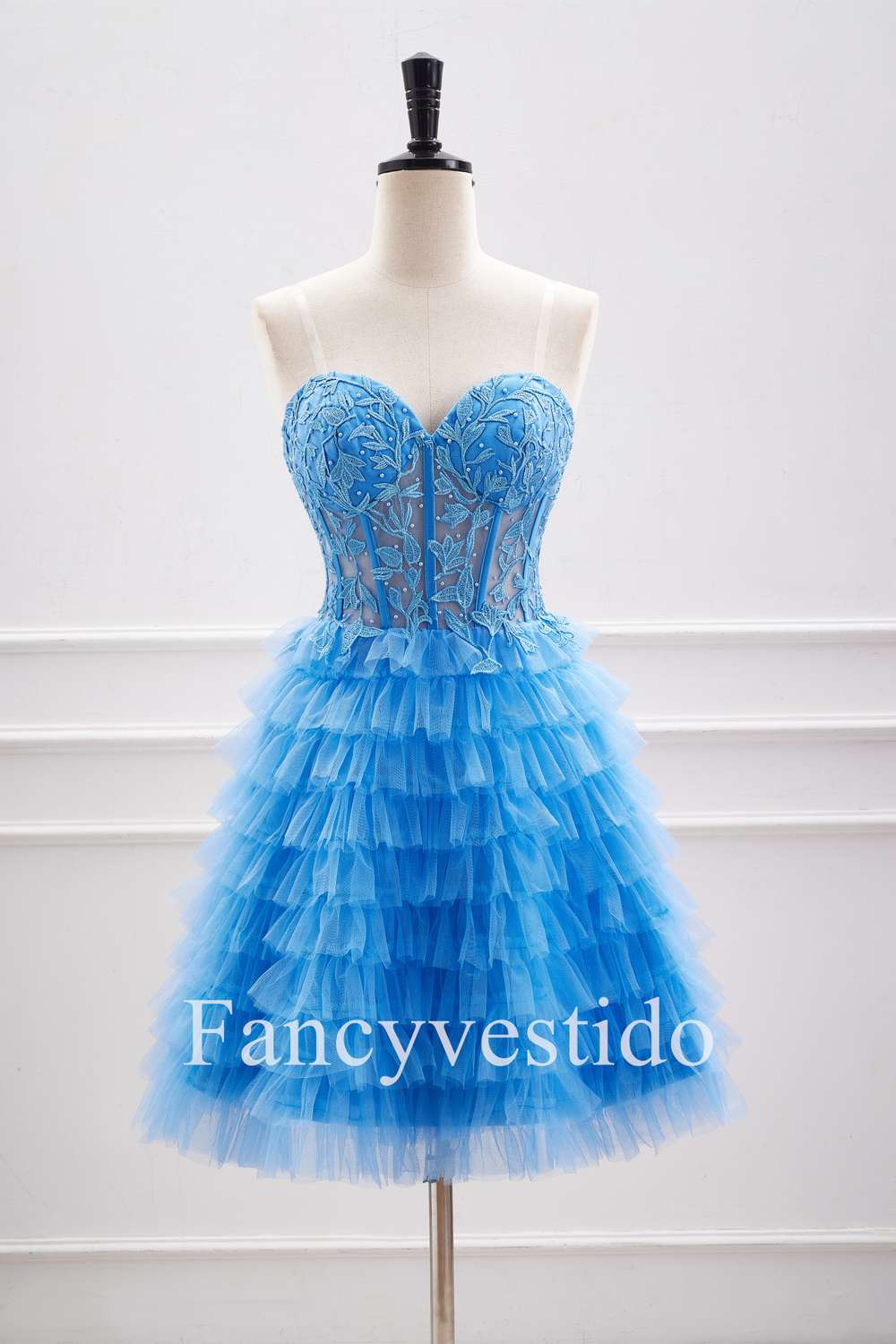 A-Line Sweetheart Blue Corset Appliques Ruffle Homecoming Dress