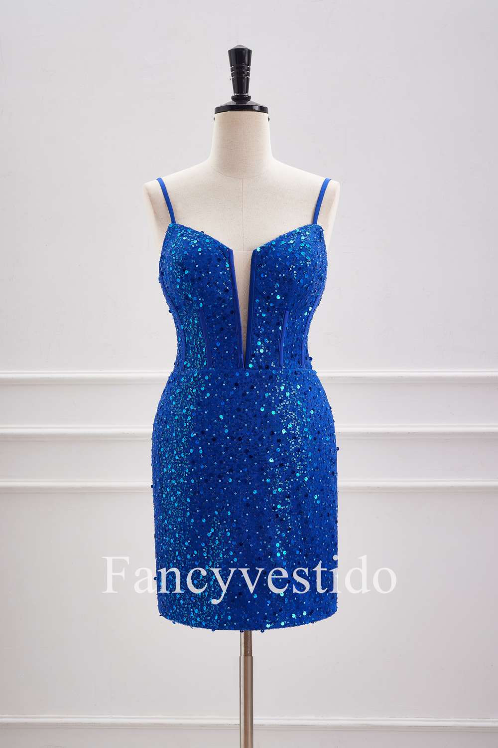 Straps Plunging Neck Royal Blue Sequin Tight Homecoming Dress