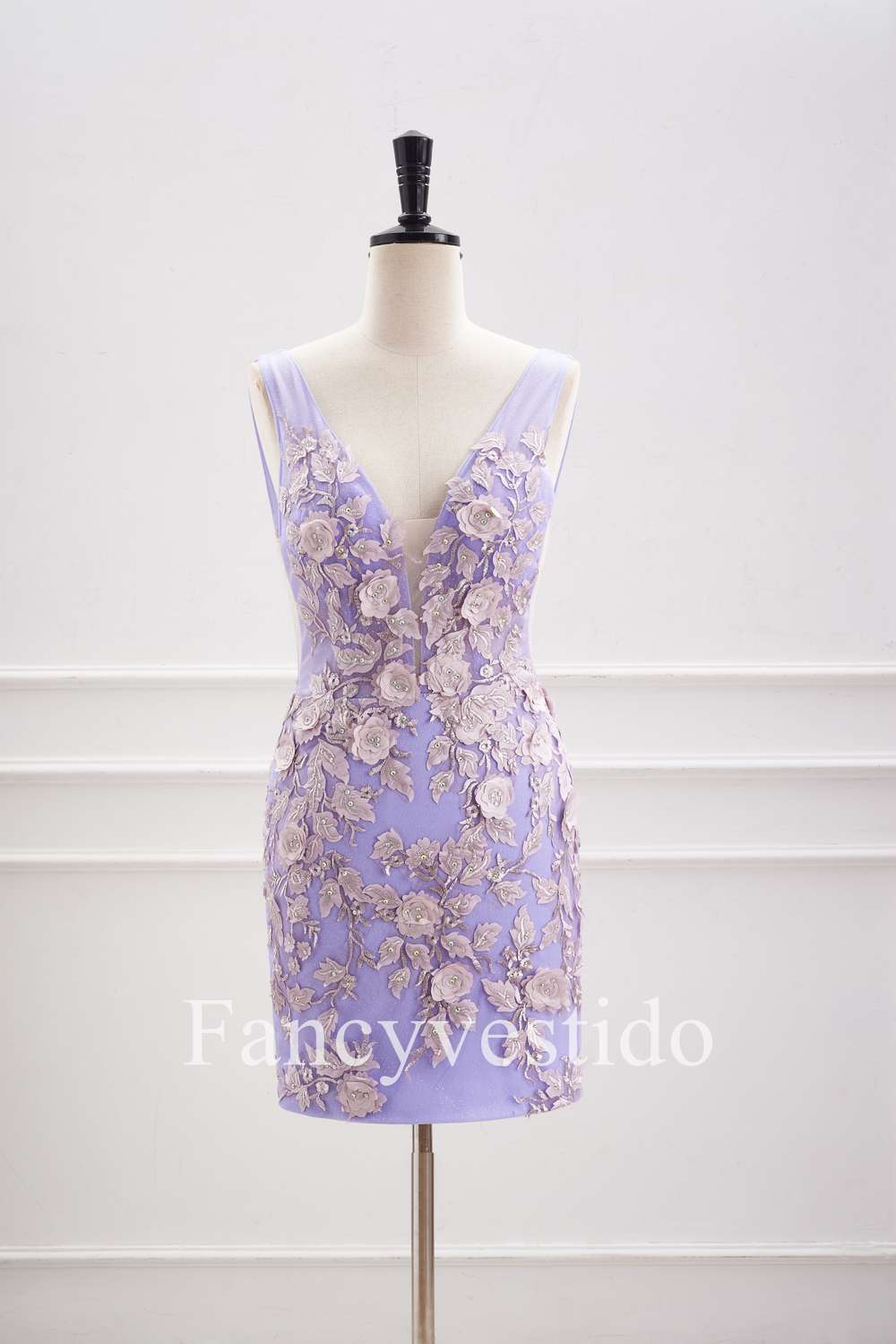 Plunging Neck Lavender 3D Flowers Fitted Homecoming Dress