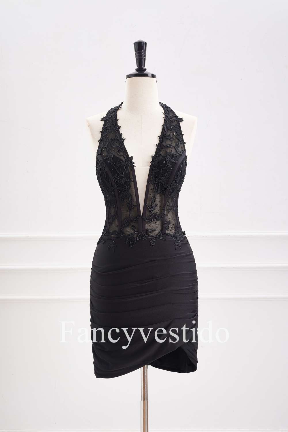 Fitted Black Halter Ruched Mini Homecoming Dress with Appliques