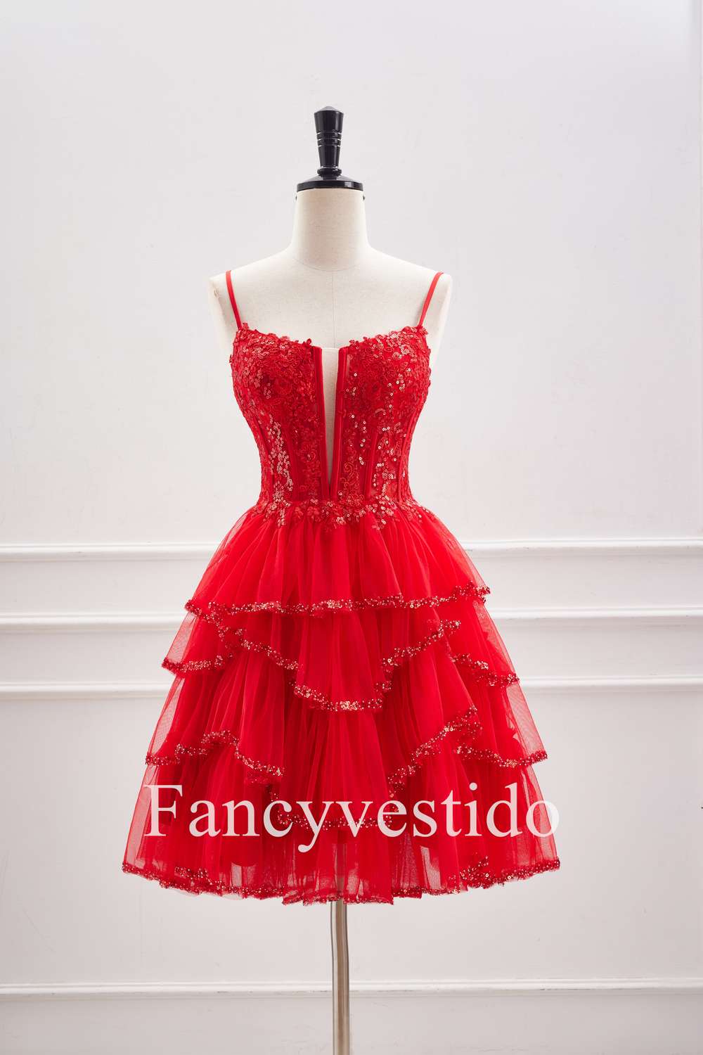 Straps Red Plunging Neck A-Line Tiered Homecoming Dress