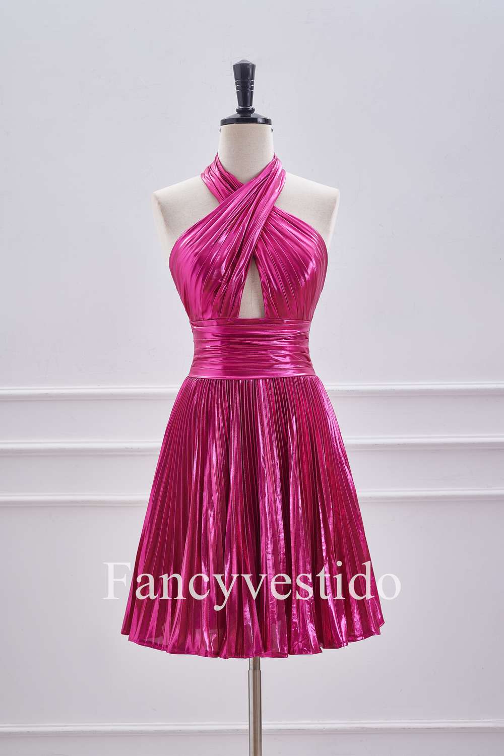 Fuchsia Halter Metallic Pleated A-Line Cocktail Dress