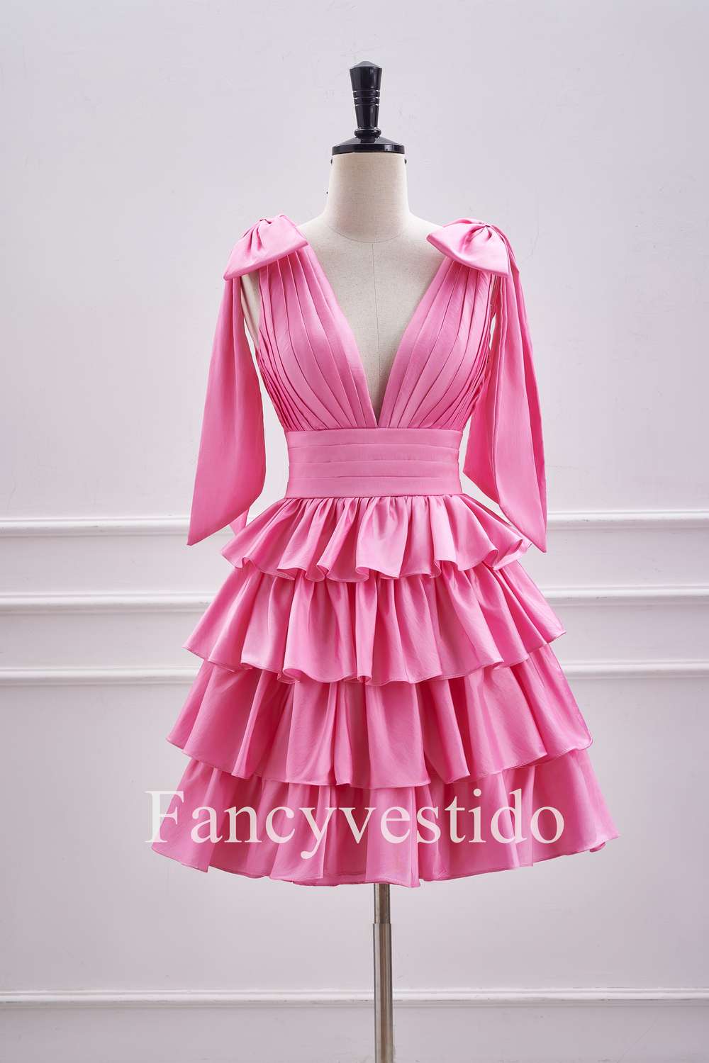 Plunging Hot Pink Bow Sleeves Ruffle A-Line Short Homecoming Dress