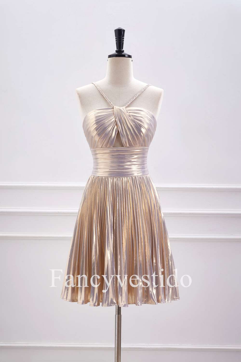 Halter Champagne Metallic Keyhole Pleated A-Line Cocktail Dress