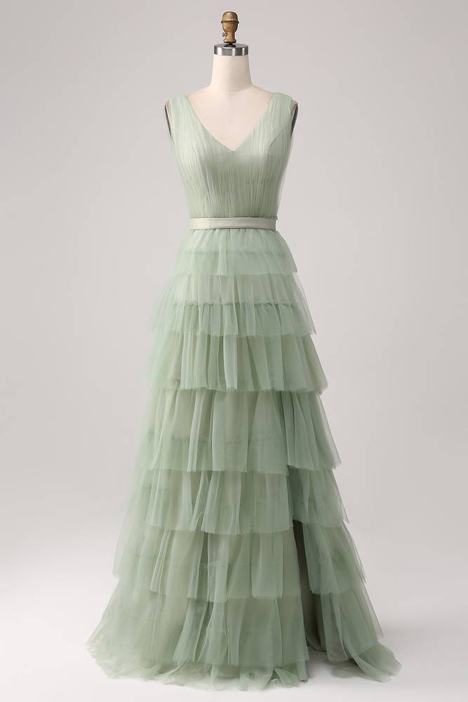 Green V Neck Bowknot Cutout Frill Tiered Maxi Dress