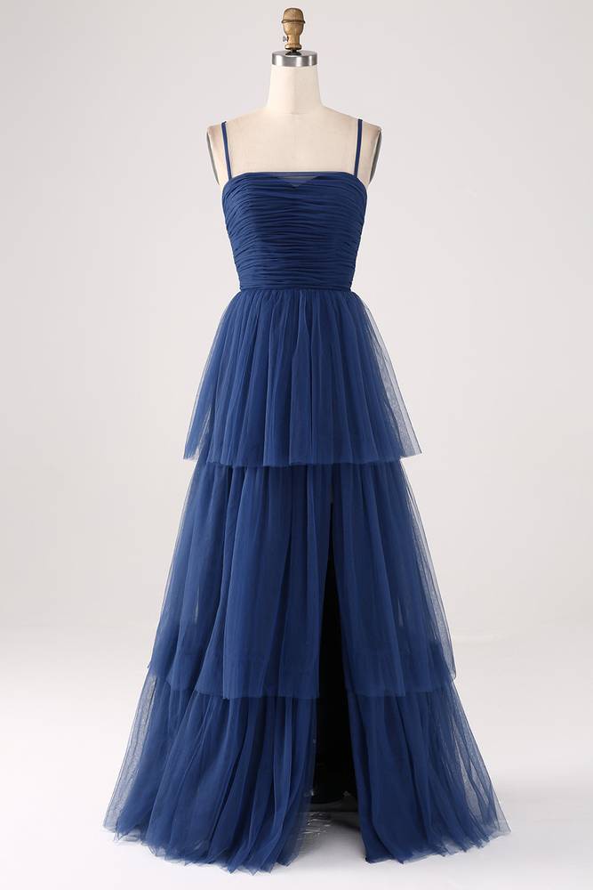 Straps Navy Blue Lace-Up Layered Maxi Dress