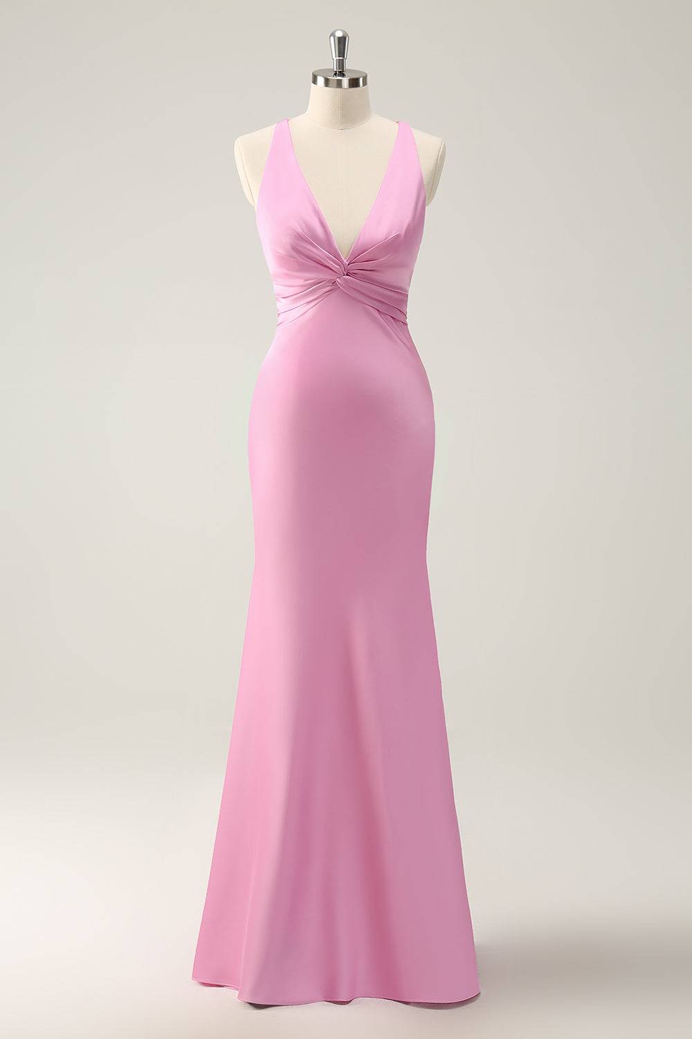 Plunging Neck Pink Twist  Mermaid Maxi Dress