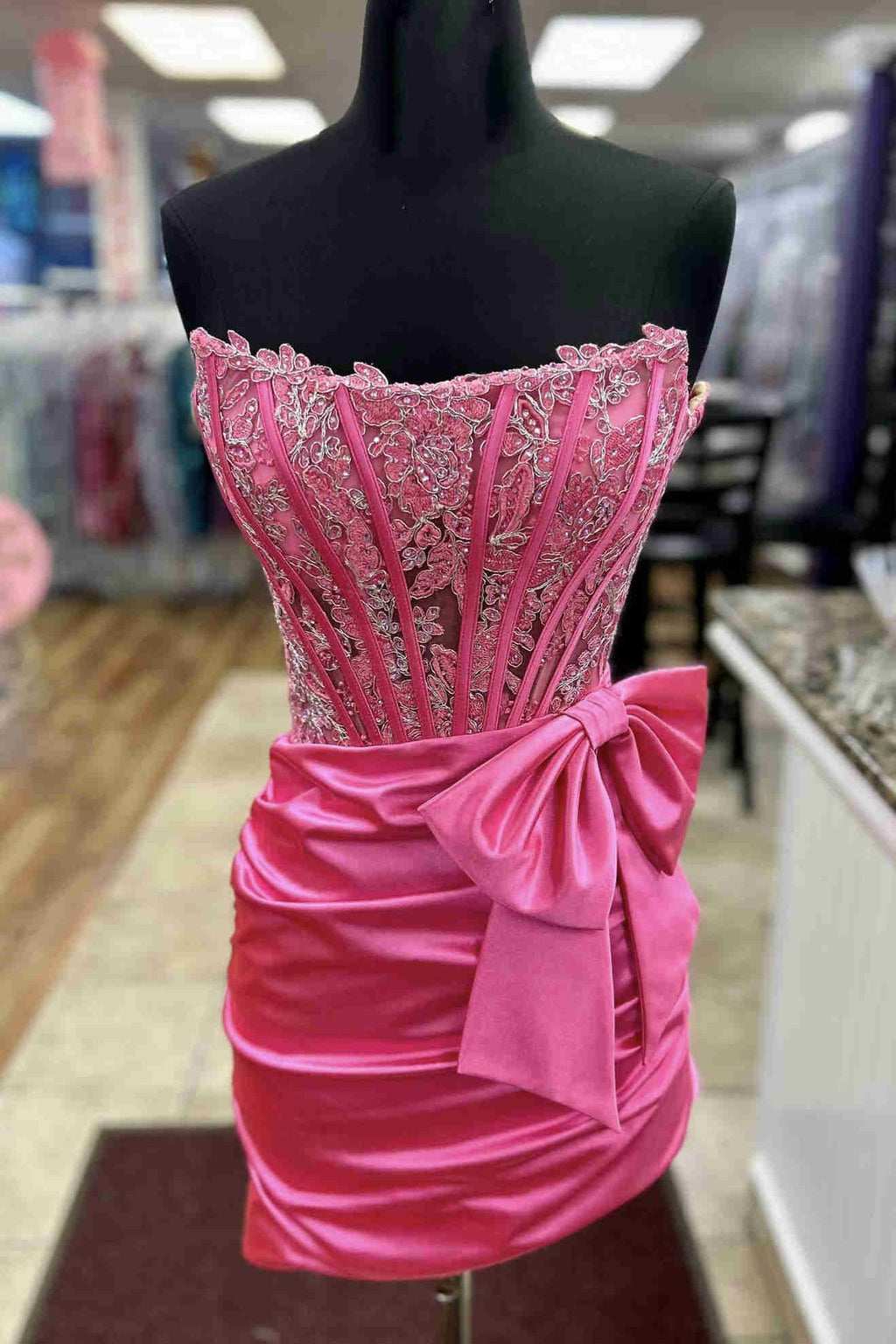 Strapless Hot Pink Appliques Ruched Homecoming Dress with Bow – FancyVestido
