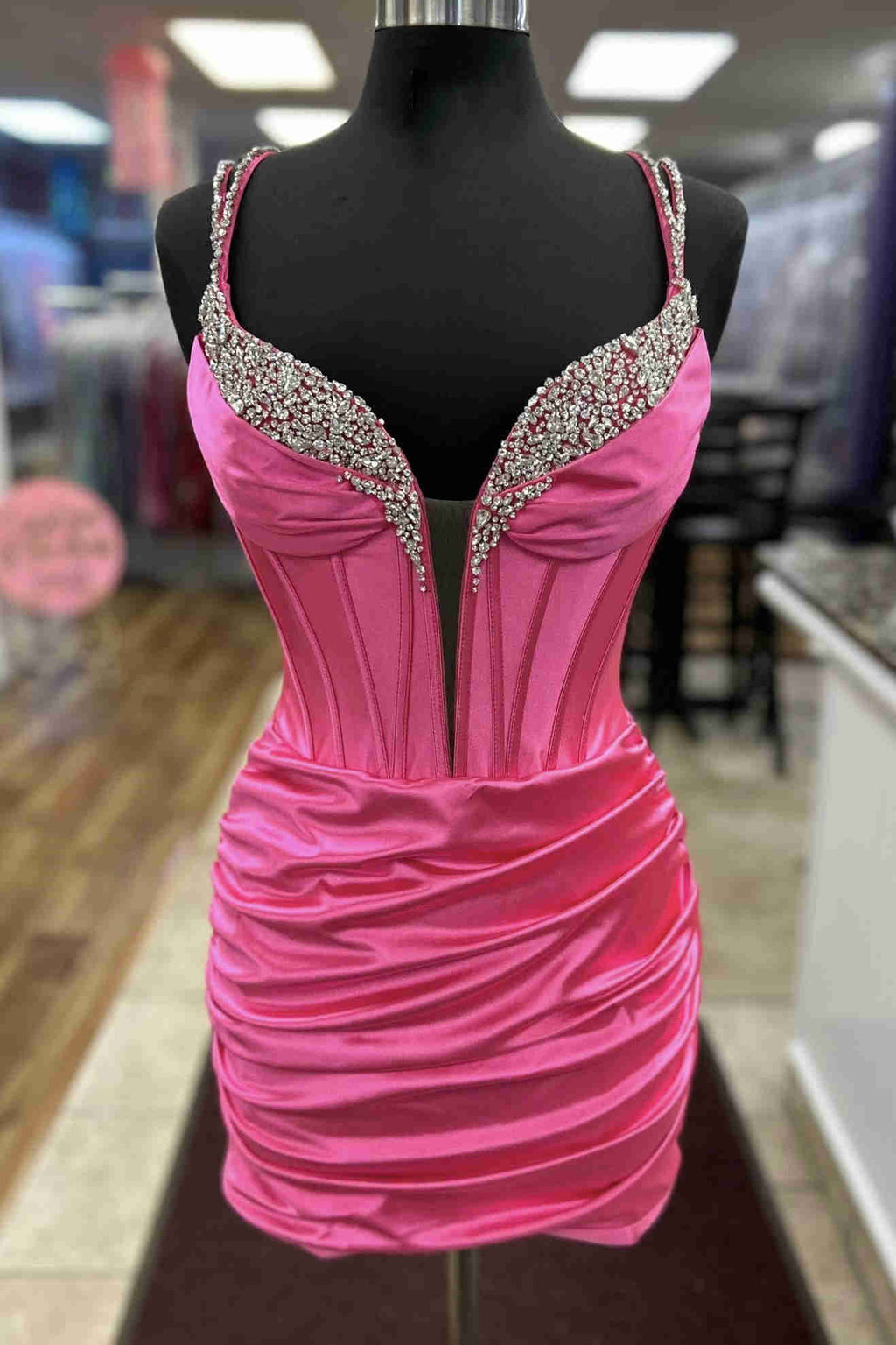 Double Straps Hot Pink Beaded Ruched Short Dress – FancyVestido