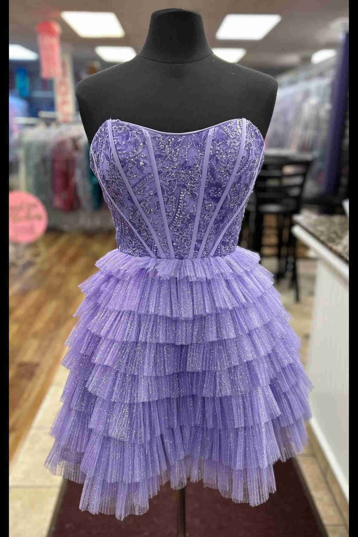 Strapless Purple Lace Tiered Short Homecoming Dress