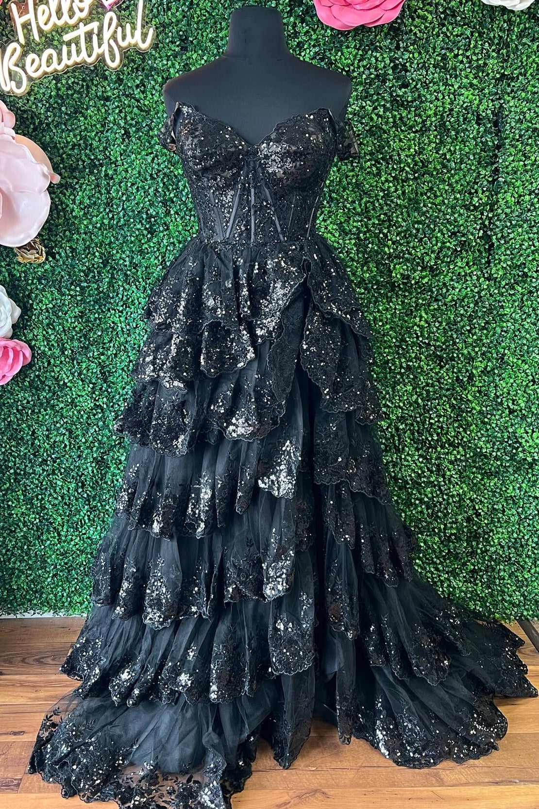 Off the Shoulder Light Pink Corset Tiered Long Prom Dress