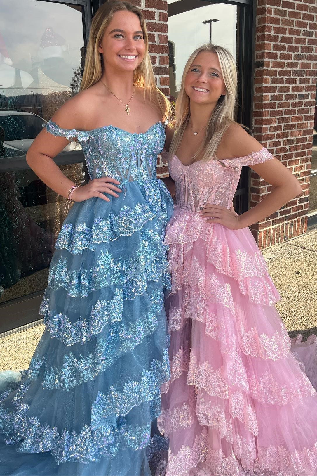 Off the Shoulder Light Pink Corset Tiered Long Prom Dress