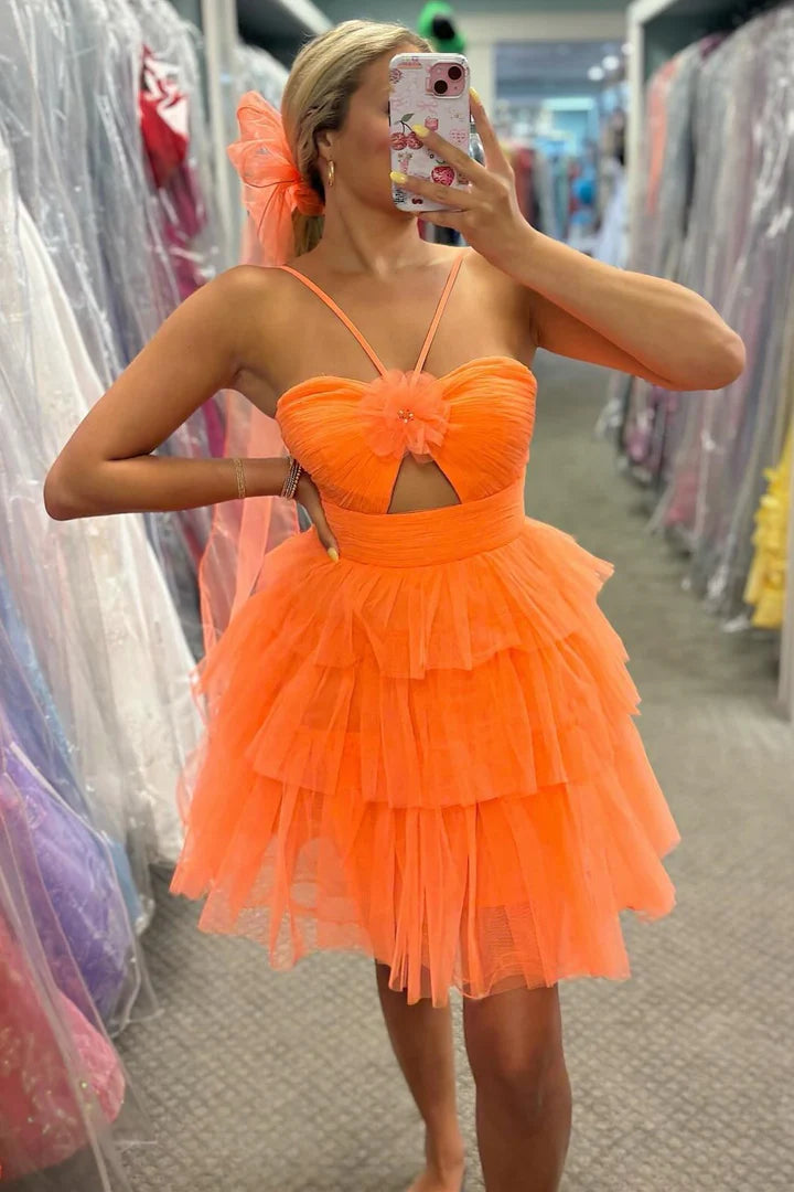 Straps Orange Keyhole Rosette A-Line Ruffle Homecoming Dress