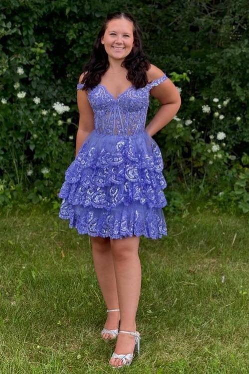 Lace Applique Ruffle Homecoming Dress Off the Shoulder – FancyVestido