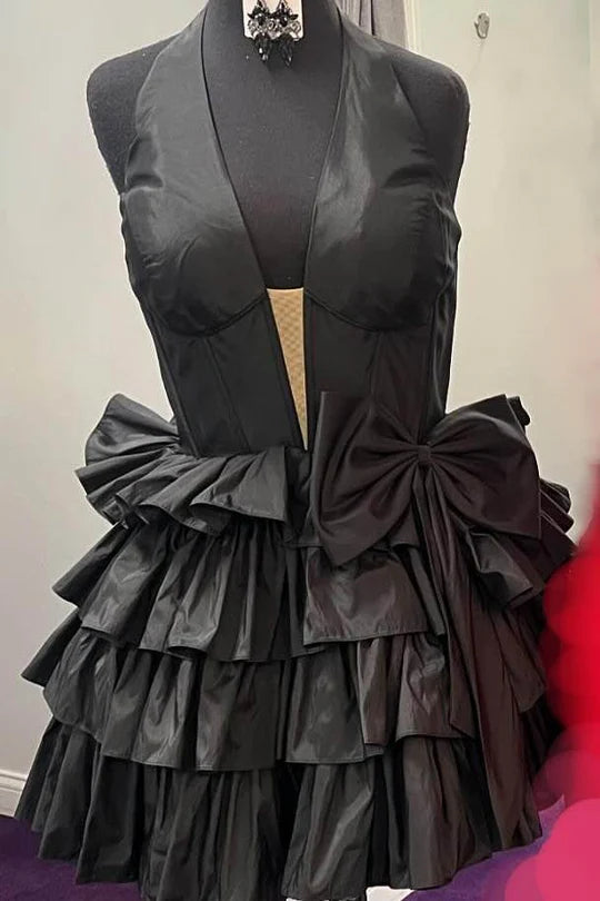 Halter Green Ruffle Homecoming Dress Plunging Neck with Bow