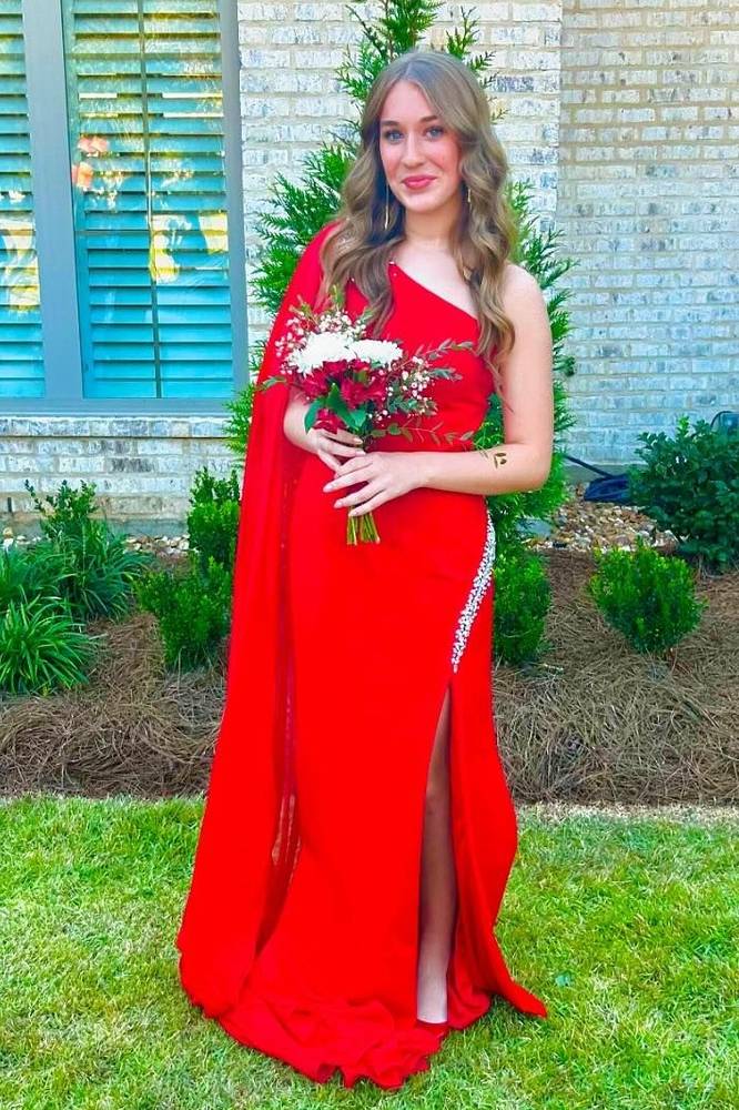 Asymmetrical One Shoulder Beaded Prom Dresses with Cape