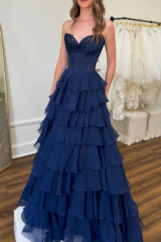 Dark Navy Strapless Pleated Prom Dresses with Ruffle