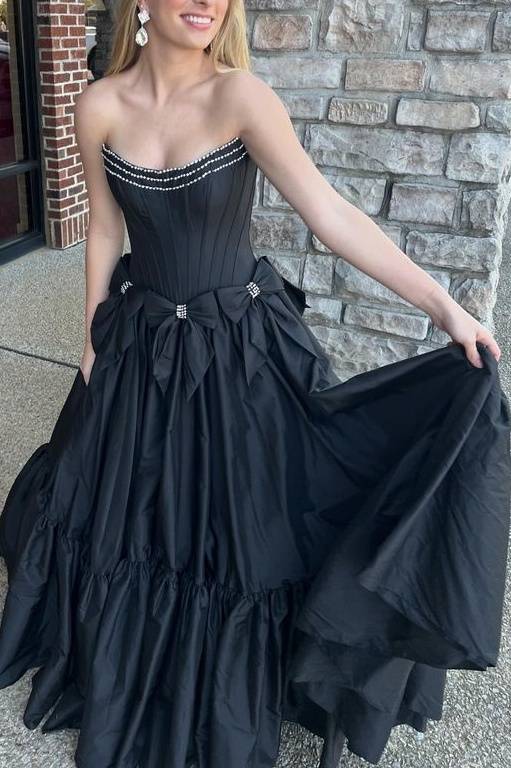 Black Strapless Beaded Ruffle Prom Dresses with Bow