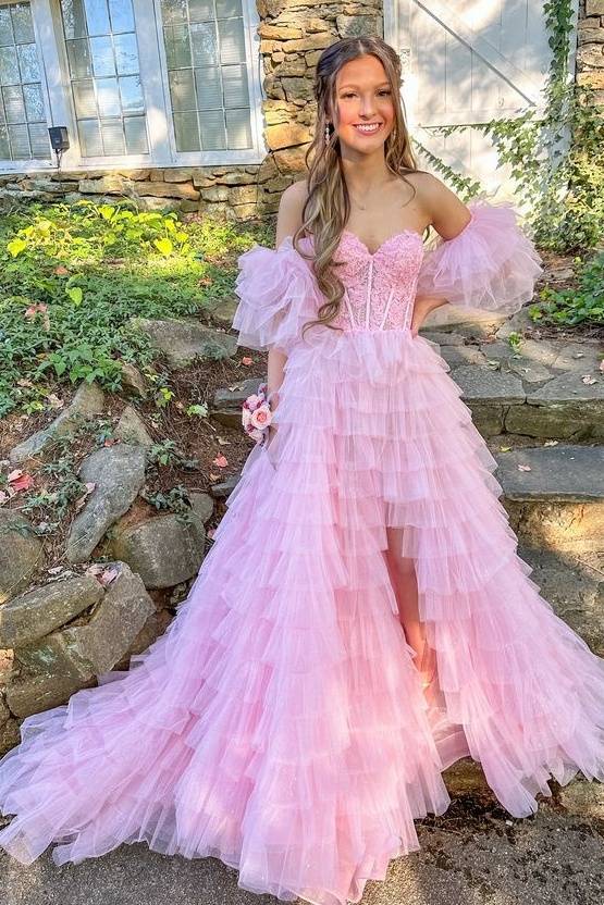 Pink Applique Layered Slit Prom Dresses with Detachable Sleeves