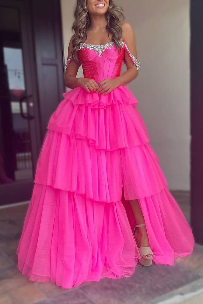 Hot Pink Beaded Tiered Slit Prom Dresses with Off the Shoulder