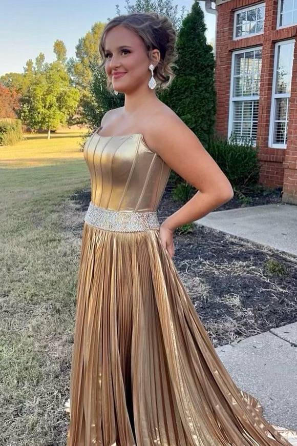 Metallic Gold Strapless Beaded Prom Dresses