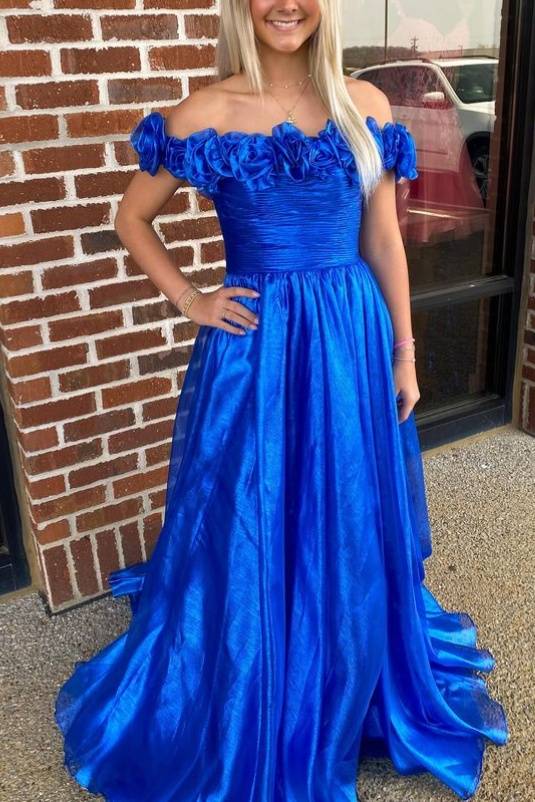 Royal Blue A-Line Pleated Prom Dresses with Flower Off Shoulder