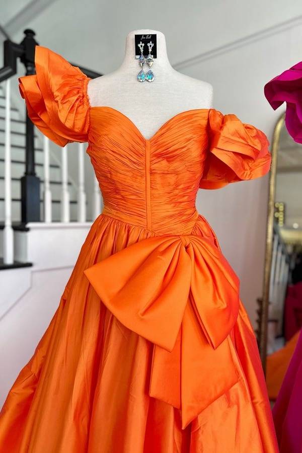 Sweetheart Orange Pleated A-Line Prom Dresses with Bow