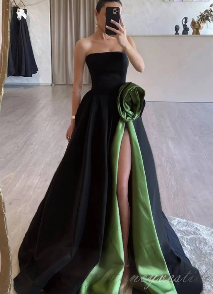 Strapless Black Satin Slit Prom Dress with Floral