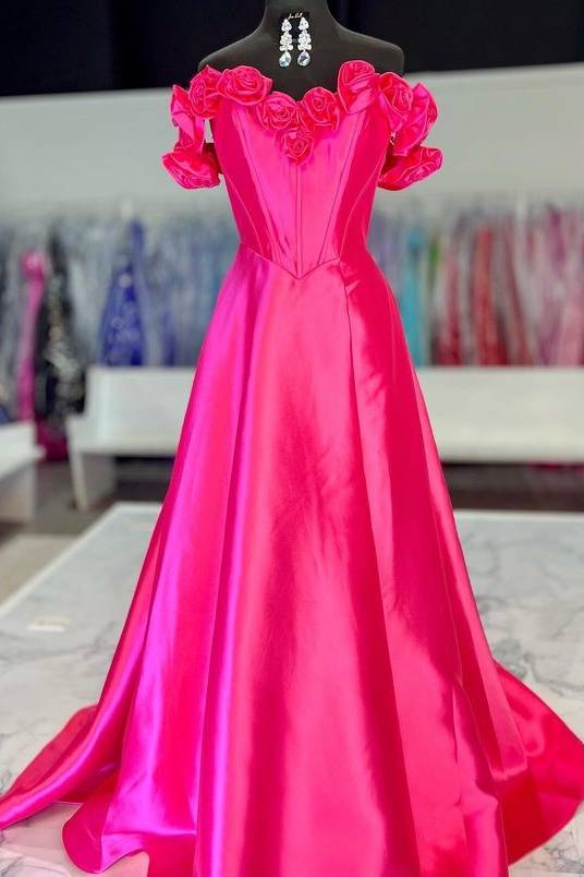 Hot Pink Sweetheart Satin Prom Dress with Flower Off Shoulder