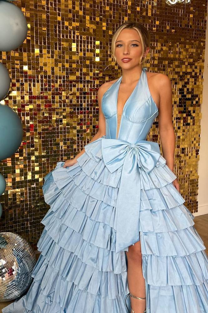 Plunging Neck Ruffle Slit Prom Dress with Bow