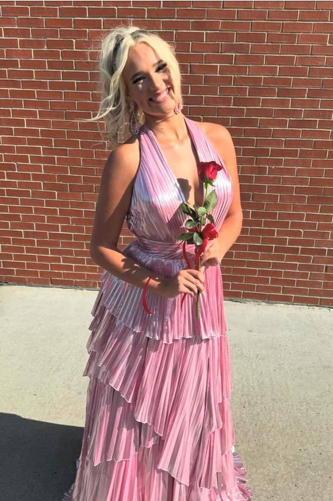 Halter Pink Metallic Ruffle Long Prom Dress