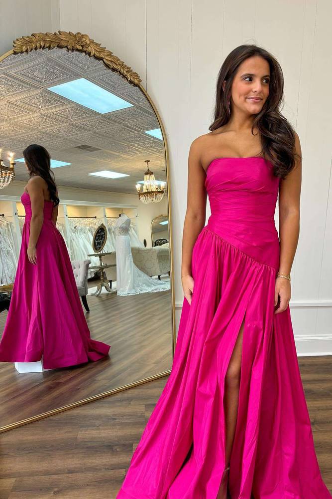 Pink - Strapless Satin Beaded A Line Prom Dresses With Slit main image 1