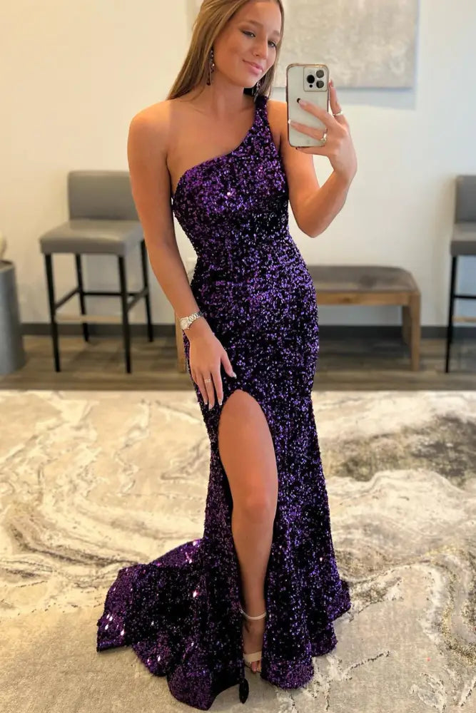 prom dresses purple one shoulder Sequin Mermaid Dress with Slit line style Fabric Scarf:No scarf Lady Black Tie - Green Latex