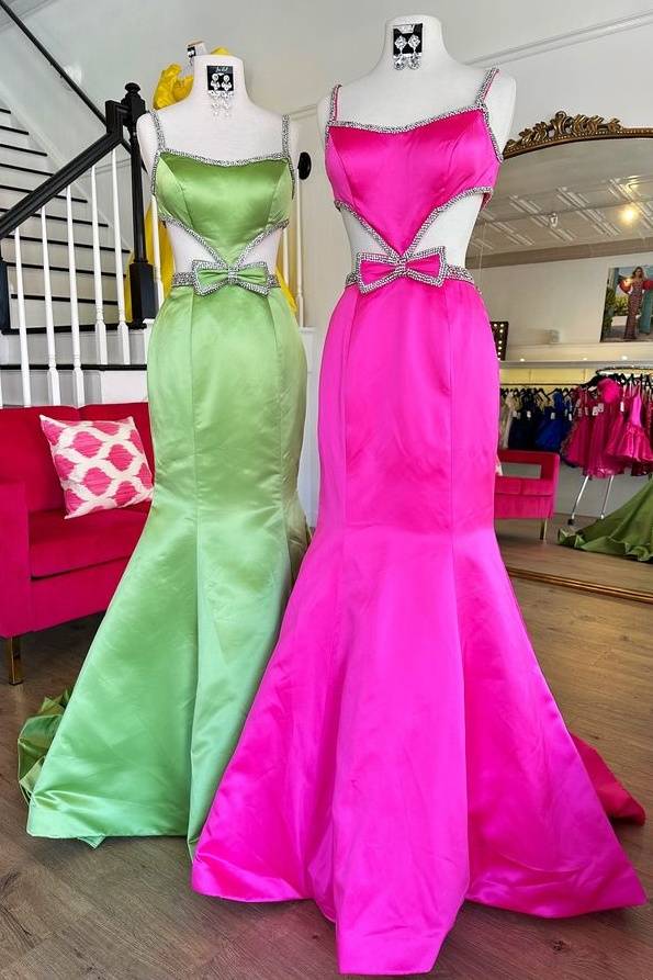 Fuchsia Cutout Beaded Mermaid Prom Dress with Bow