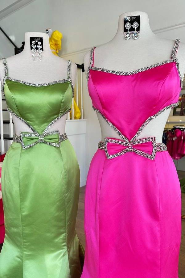 Fuchsia Cutout Beaded Mermaid Prom Dress with Bow