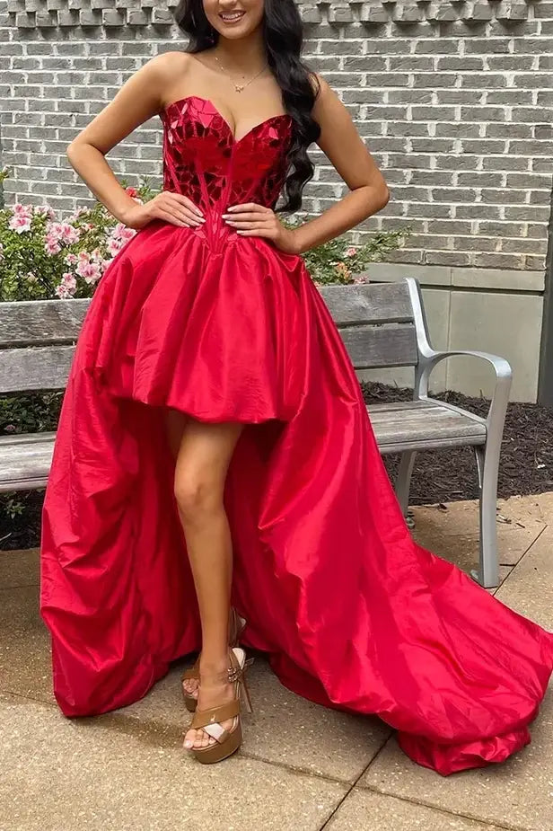 Sweetheart Mirror Sequin High-Low Prom Dress