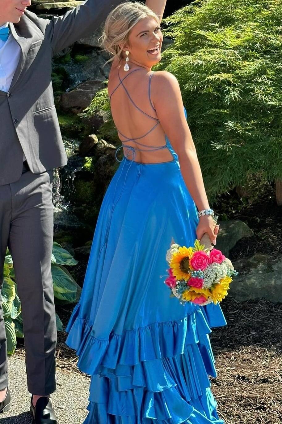 Crew Neck Ruffle Slit Mermaid Prom Dress with Lace-Up