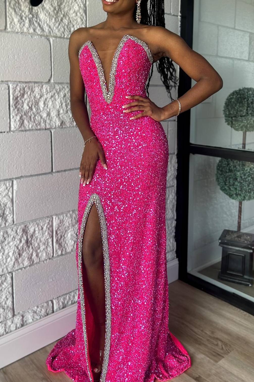 Plunging Neck Sequin Mermaid Prom Dress with Slit